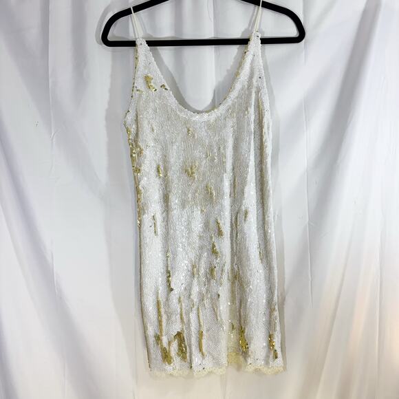 Free People Seeing Double Reverse Sequin Slip Mini Dress S Gold White Party - Picture 3 of 5